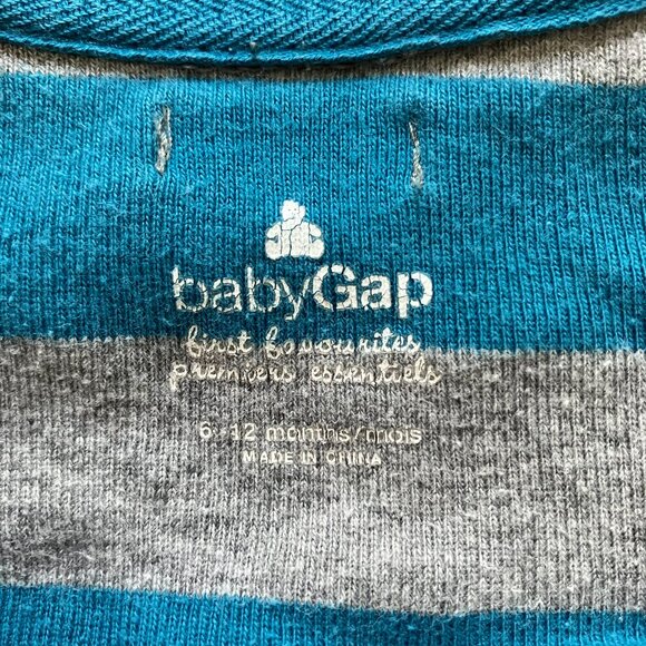 Baby GAP Romper 6-12M | Teal & Grey Striped Cotton Short Sleeve Zip-Up GUC - Picture 4 of 16